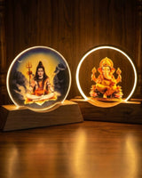 Lord Shiva and Lord Ganesh glow LED lamps on wooden bases