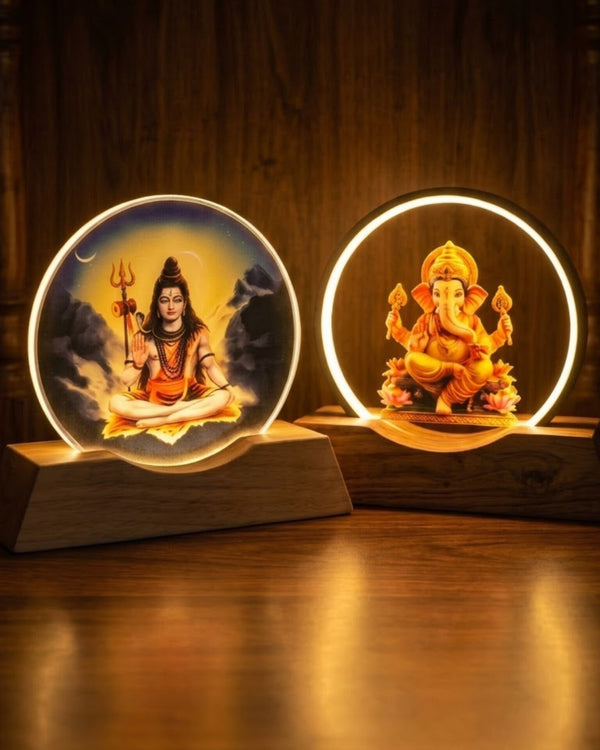 Lord Shiva and Lord Ganesh glow LED lamps on wooden bases