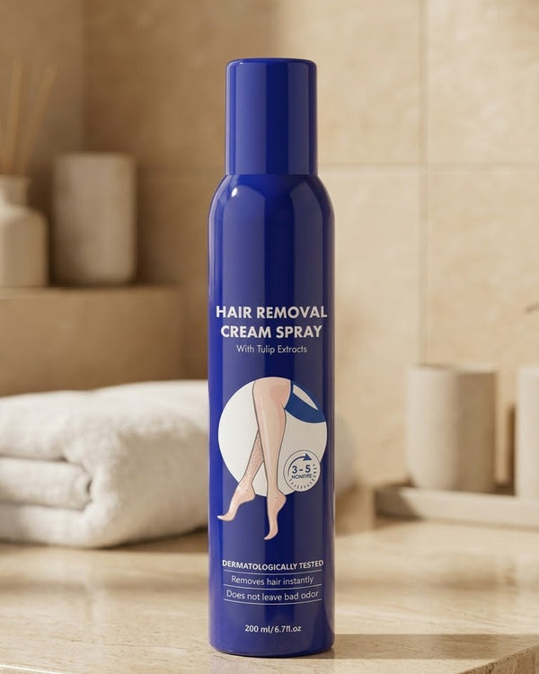 EaseDaily unisex Hair Removal Cream Spray, 200ml blue bottle, on a beige bathroom counter