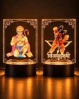 Lord Hanuman and Lord Shri Ram 3D LED lamps glowing warm orange side by side
