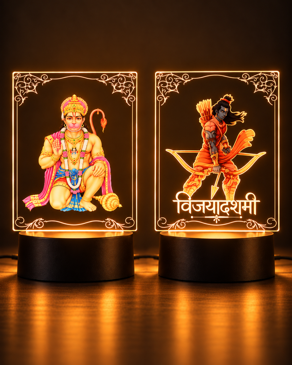 Lord Hanuman and Lord Shri Ram 3D LED lamps glowing warm orange side by side
